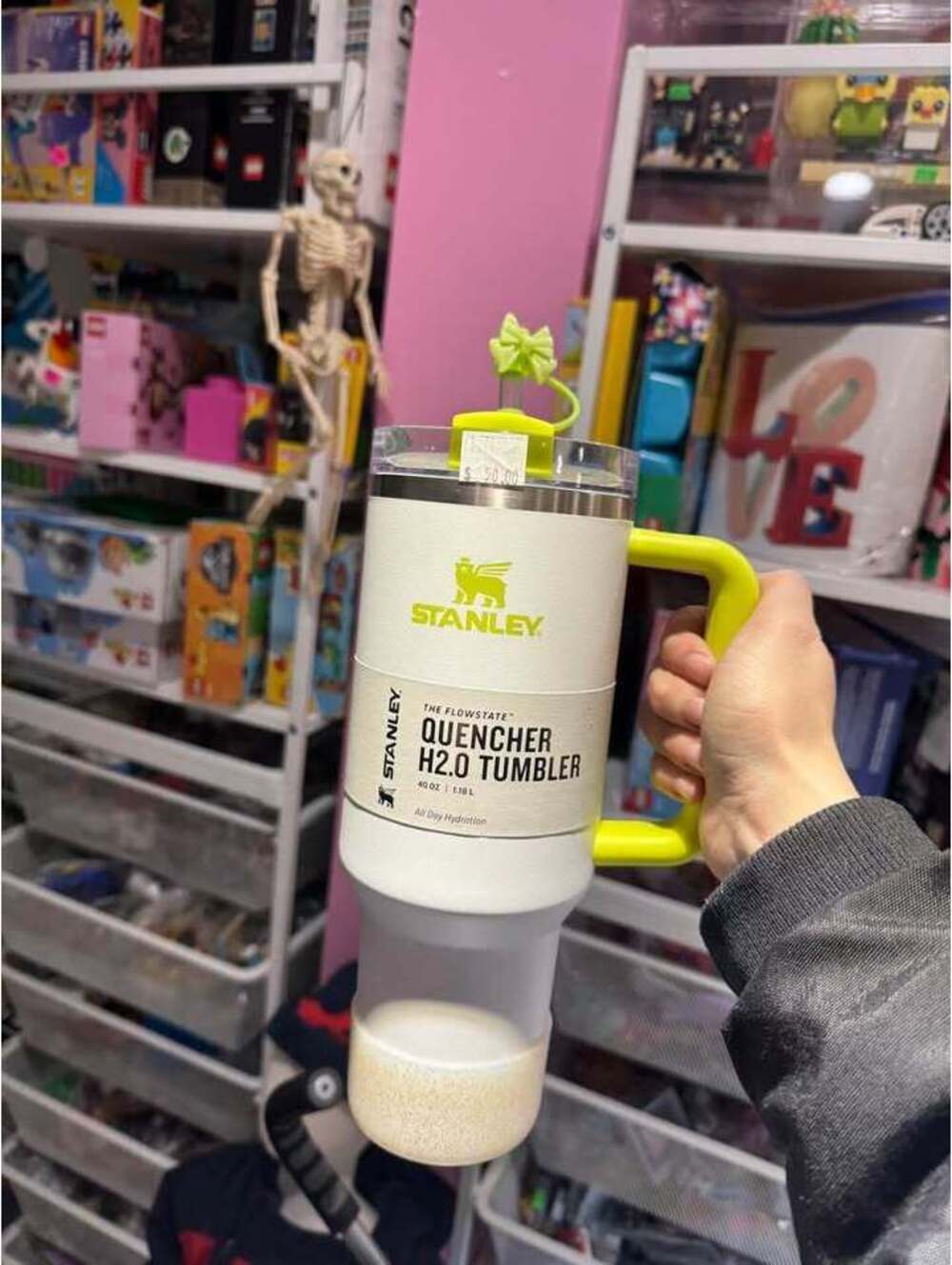 Stanley 40oz electric yellow frost tumbler with boot and topper